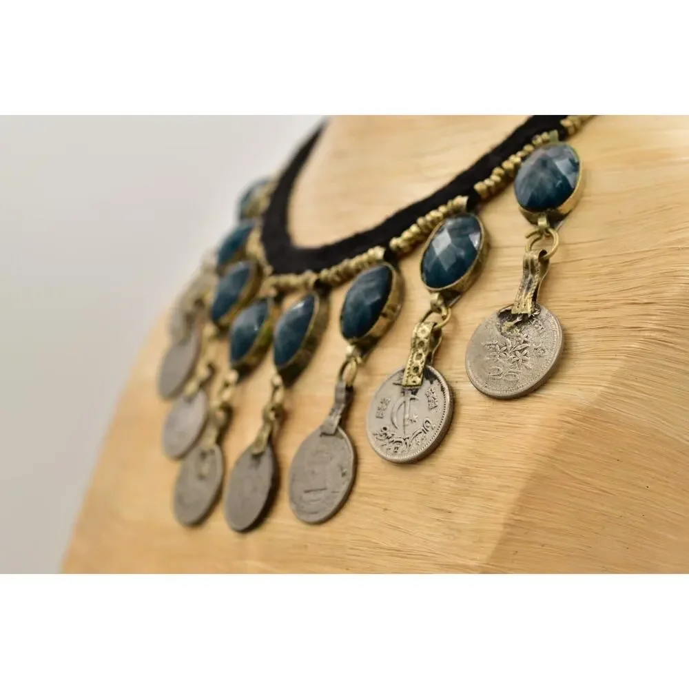 Vintage Coin Dangle Necklace Collar Bib Blue Crystal Black Fabric Silver BinBJ